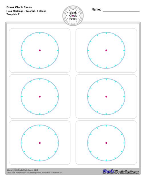 Use these blank clock face templates for practice telling time and drawing analog clocks. The clock faces are presented in PDF files in color and black and white, including versions with labelled minutes, or completely blank faces where students label hours.  Blank Clock Face Template With Hour Markings Colored 6 Clocks