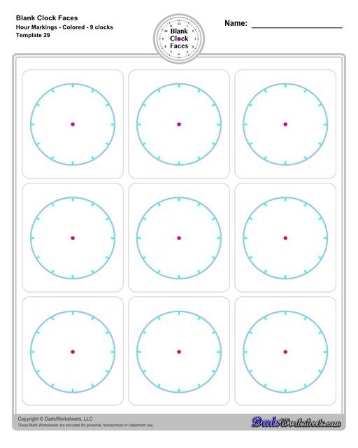 Use these blank clock face templates for practice telling time and drawing analog clocks. The clock faces are presented in PDF files in color and black and white, including versions with labelled minutes, or completely blank faces where students label hours.  Blank Clock Face Template With Hour Markings Colored 9 Clocks