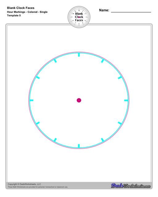 Use these blank clock face templates for practice telling time and drawing analog clocks. The clock faces are presented in PDF files in color and black and white, including versions with labelled minutes, or completely blank faces where students label hours.  Blank Clock Face Template With Hour Markings Colored Single