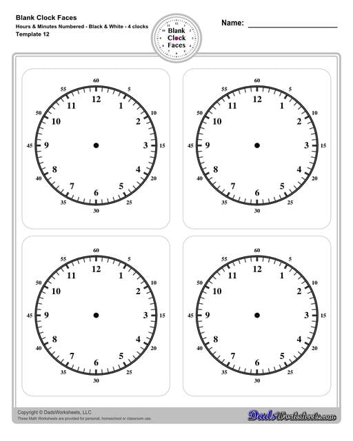 Use these blank clock face templates for practice telling time and drawing analog clocks. The clock faces are presented in PDF files in color and black and white, including versions with labelled minutes, or completely blank faces where students label hours.  Blank Clock Face Template With Hours And Minutes Numbered Black And White 4 Clocks