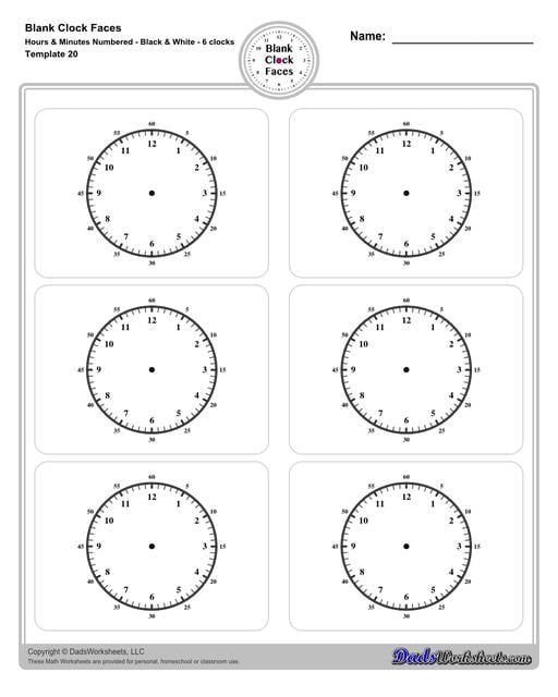 Use these blank clock face templates for practice telling time and drawing analog clocks. The clock faces are presented in PDF files in color and black and white, including versions with labelled minutes, or completely blank faces where students label hours.  Blank Clock Face Template With Hours And Minutes Numbered Black And White 6 Clocks