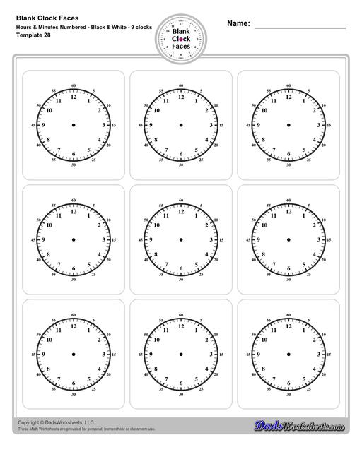 Use these blank clock face templates for practice telling time and drawing analog clocks. The clock faces are presented in PDF files in color and black and white, including versions with labelled minutes, or completely blank faces where students label hours.  Blank Clock Face Template With Hours And Minutes Numbered Black And White 9 Clocks