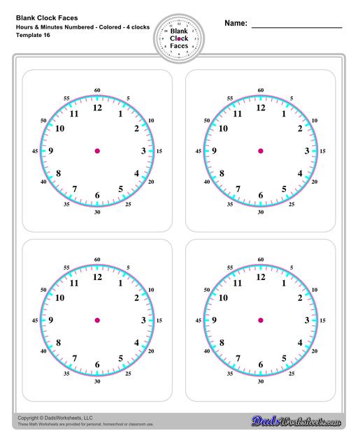 Use these blank clock face templates for practice telling time and drawing analog clocks. The clock faces are presented in PDF files in color and black and white, including versions with labelled minutes, or completely blank faces where students label hours.  Blank Clock Face Template With Hours And Minutes Numbered Colored 4 Clocks