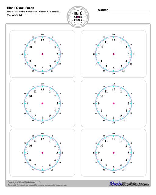 Use these blank clock face templates for practice telling time and drawing analog clocks. The clock faces are presented in PDF files in color and black and white, including versions with labelled minutes, or completely blank faces where students label hours.  Blank Clock Face Template With Hours And Minutes Numbered Colored 6 Clocks