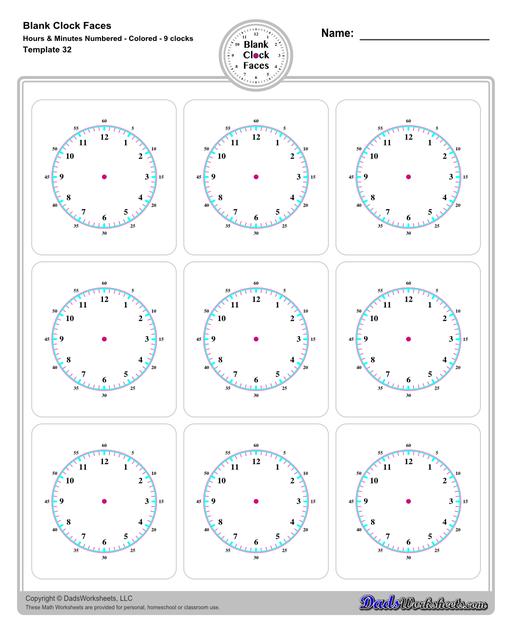 Use these blank clock face templates for practice telling time and drawing analog clocks. The clock faces are presented in PDF files in color and black and white, including versions with labelled minutes, or completely blank faces where students label hours.  Blank Clock Face Template With Hours And Minutes Numbered Colored 9 Clocks