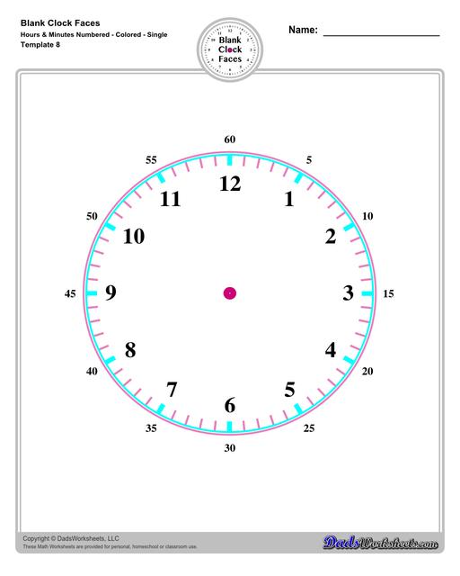 Use these blank clock face templates for practice telling time and drawing analog clocks. The clock faces are presented in PDF files in color and black and white, including versions with labelled minutes, or completely blank faces where students label hours.  Blank Clock Face Template With Hours And Minutes Numbered Colored Single