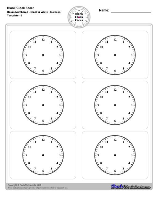 Use these blank clock face templates for practice telling time and drawing analog clocks. The clock faces are presented in PDF files in color and black and white, including versions with labelled minutes, or completely blank faces where students label hours.  Blank Clock Face Template With Hours Numbered Black And White 6 Clocks