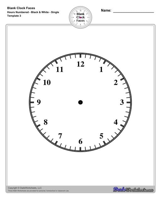 Use these blank clock face templates for practice telling time and drawing analog clocks. The clock faces are presented in PDF files in color and black and white, including versions with labelled minutes, or completely blank faces where students label hours.  Blank Clock Face Template With Hours Numbered Black And White Single