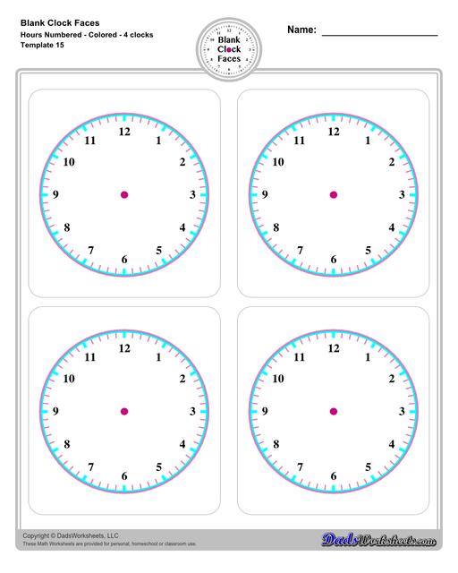 Use these blank clock face templates for practice telling time and drawing analog clocks. The clock faces are presented in PDF files in color and black and white, including versions with labelled minutes, or completely blank faces where students label hours.  Blank Clock Face Template With Hours Numbered Colored 4 Clocks