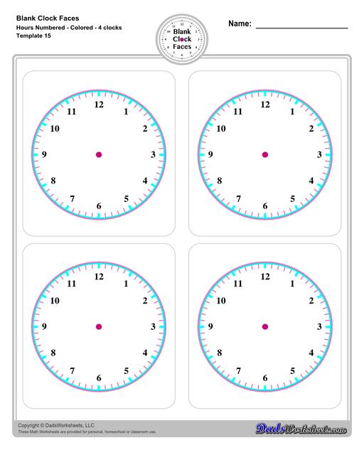 Use these blank clock face templates for practice telling time and drawing analog clocks. The clock faces are presented in PDF files in color and black and white, including versions with labelled minutes, or completely blank faces where students label hours.  Blank Clock Face Template With Hours Numbered Colored 4 Clocks