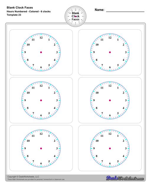 Use these blank clock face templates for practice telling time and drawing analog clocks. The clock faces are presented in PDF files in color and black and white, including versions with labelled minutes, or completely blank faces where students label hours.  Blank Clock Face Template With Hours Numbered Colored 6 Clocks