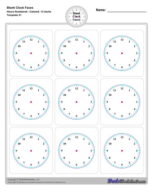 Use these blank clock face templates for practice telling time and drawing analog clocks. The clock faces are presented in PDF files in color and black and white, including versions with labelled minutes, or completely blank faces where students label hours.  Blank Clock Face Template With Hours Numbered Colored 9 Clocks