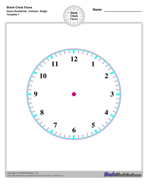 Use these blank clock face templates for practice telling time and drawing analog clocks. The clock faces are presented in PDF files in color and black and white, including versions with labelled minutes, or completely blank faces where students label hours.  Blank Clock Face Template With Hours Numbered Colored Single