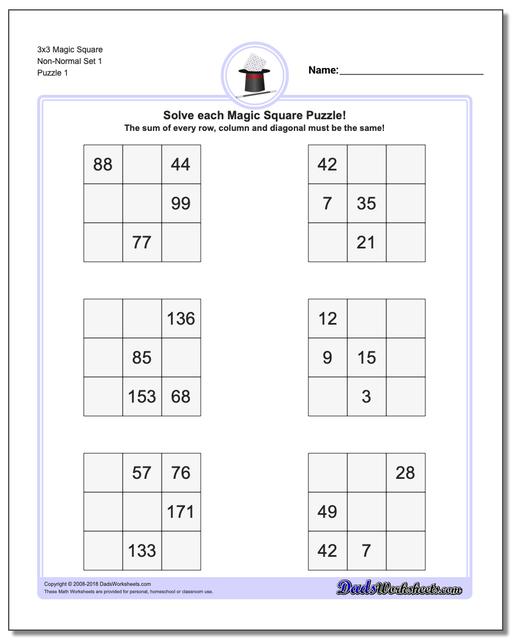 Magic Square Puzzle 3x3 Non-Normal Set 1