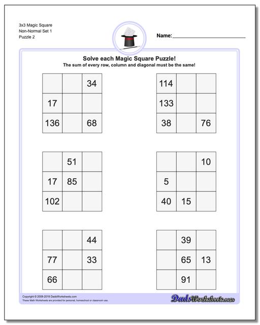 3x3 Magic Square Non-Normal Set 1 www.dadsworksheets.com/puzzles/magic-square.html Worksheet