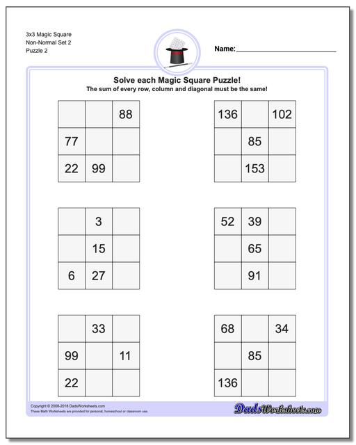 3x3 Magic Square Non-Normal Set 2 www.dadsworksheets.com/puzzles/magic-square.html Worksheet