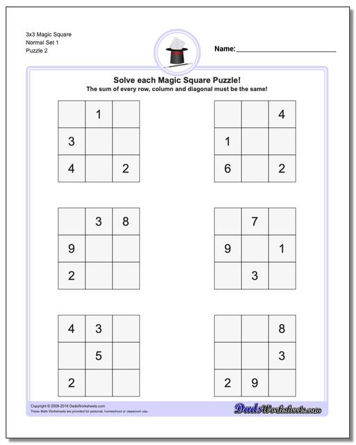3x3 Magic Square Normal Set 1 www.dadsworksheets.com/puzzles/magic-square.html Worksheet