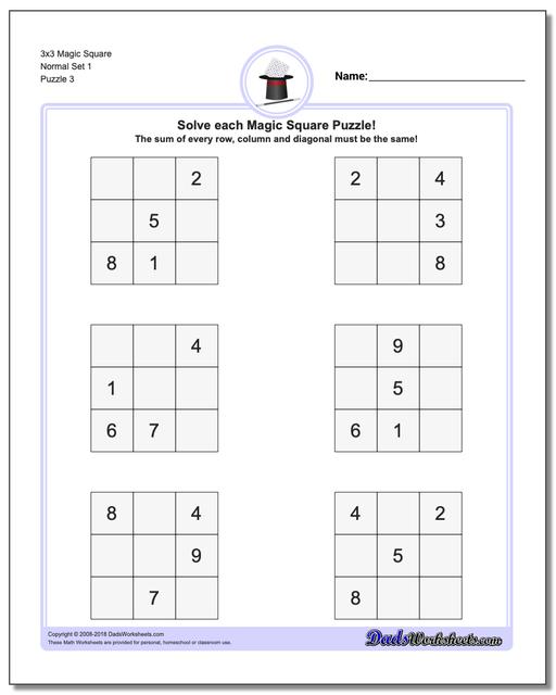 3x3 Magic Square Normal Set 1 Worksheet