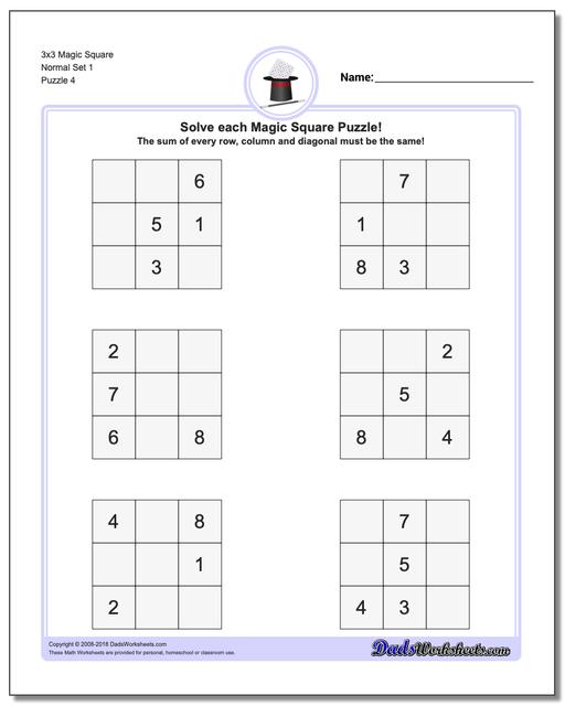3x3 Magic Square Normal Set 1 Worksheet