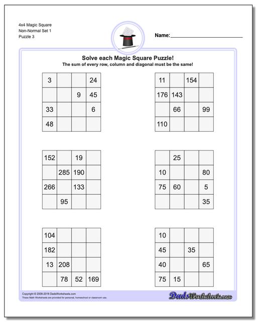 4x4 Magic Square Non-Normal Set 1 Worksheet