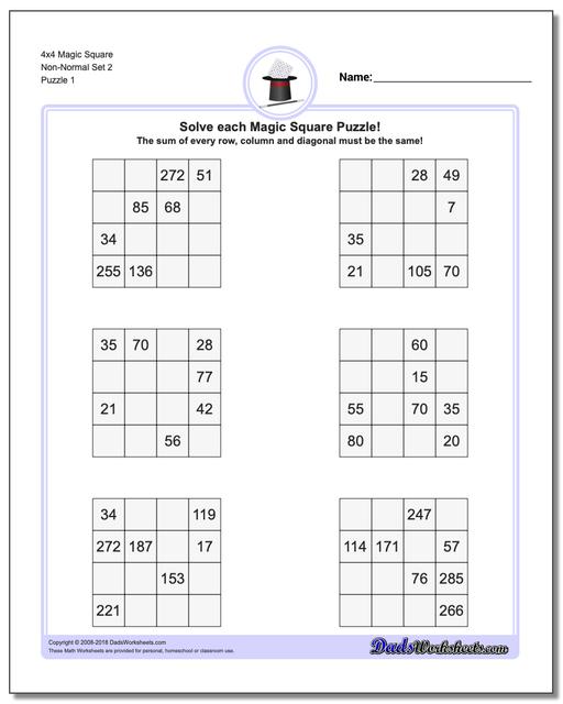 Magic Square Puzzle 4x4 Non-Normal Set 2