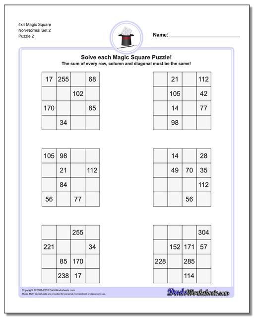 4x4 Magic Square Non-Normal Set 2 www.dadsworksheets.com/puzzles/magic-square.html Worksheet