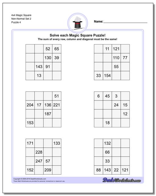 4x4 Magic Square Non-Normal Set 2 Worksheet