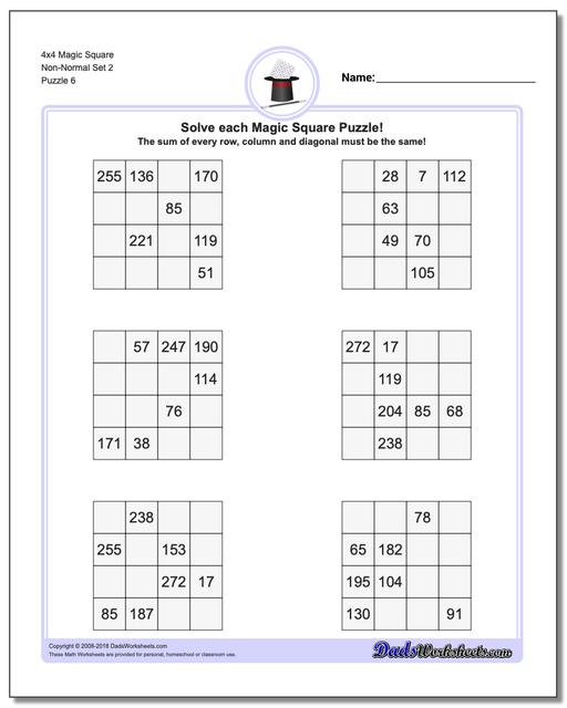 4x4 Magic Square Non-Normal Set 2 Worksheet