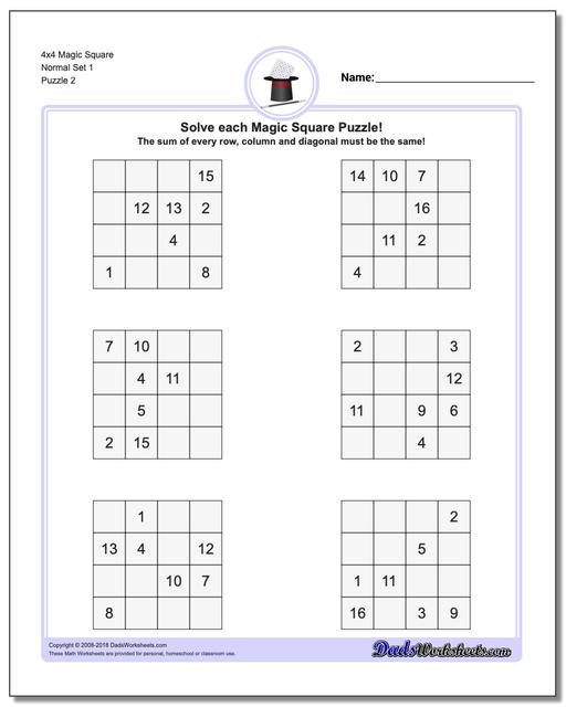 4x4 Magic Square Normal Set 1 www.dadsworksheets.com/puzzles/magic-square.html Worksheet