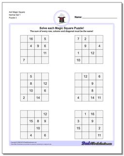 4x4 Magic Square Normal Set 1 Worksheet