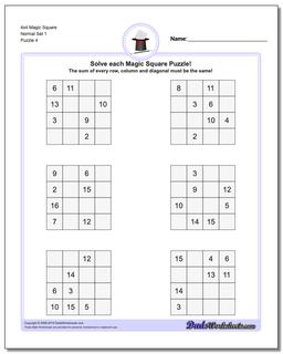 4x4 Magic Square Normal Set 1 Worksheet