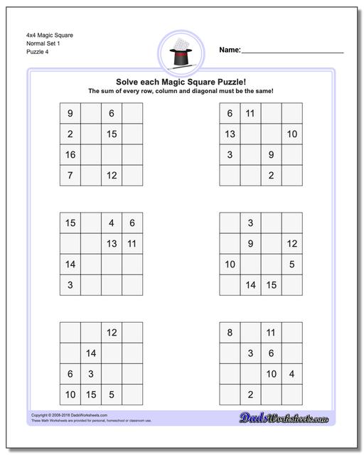 4x4 Magic Square Normal Set 1 Worksheet
