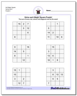 4x4 Magic Square Normal Set 1 Worksheet