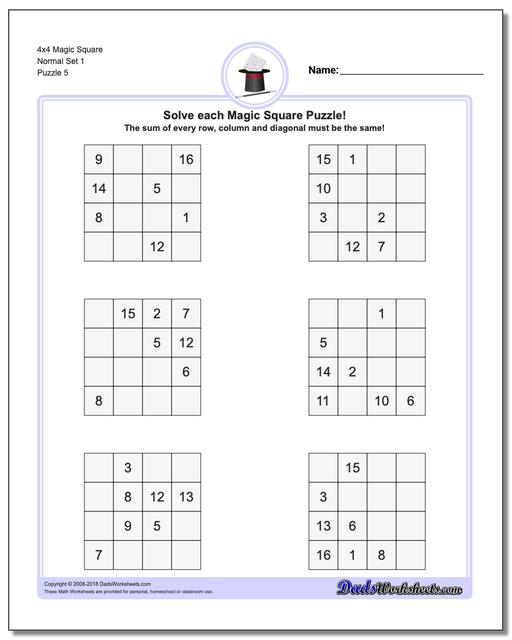 4x4 Magic Square Normal Set 1 Worksheet
