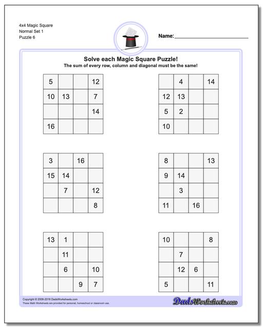4x4 Magic Square Normal Set 1 Worksheet