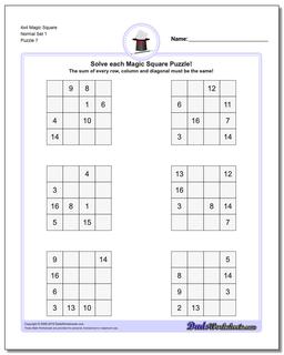 4x4 Magic Square Normal Set 1 Worksheet