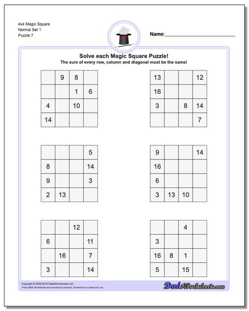 4x4 Magic Square Normal Set 1 Worksheet