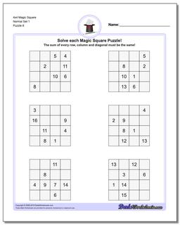 4x4 Magic Square Normal Set 1 Worksheet