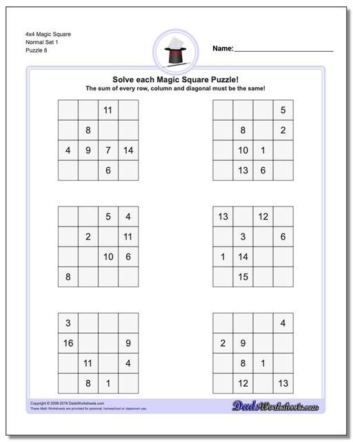 4x4 Magic Square Normal Set 1 Worksheet