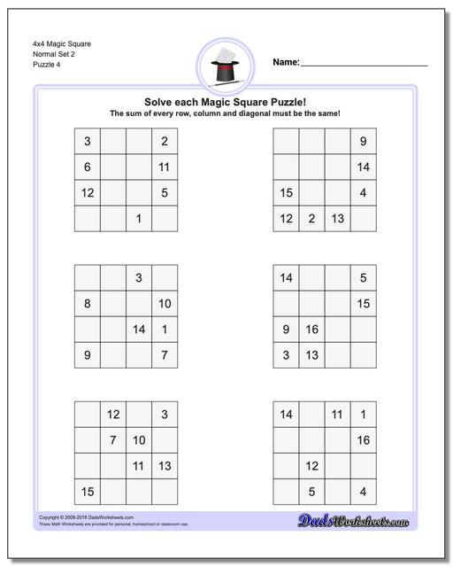 4x4 Magic Square Normal Set 2 Worksheet