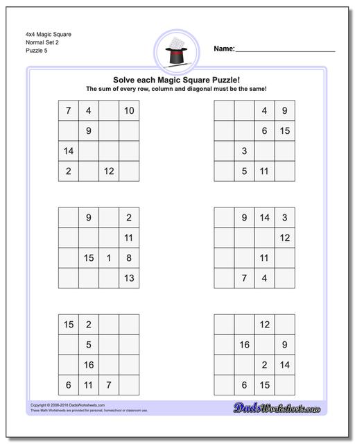 4x4 Magic Square Normal Set 2 Worksheet