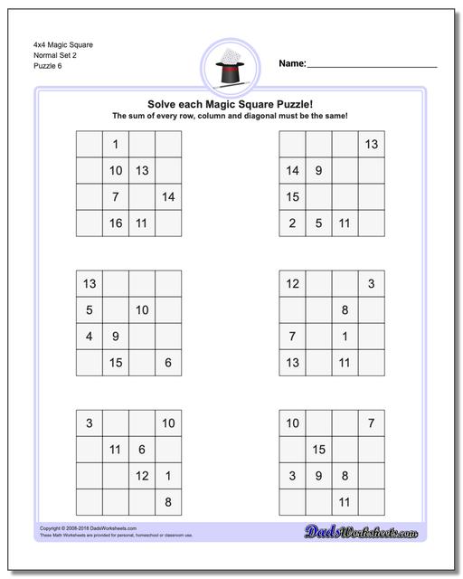 4x4 Magic Square Normal Set 2 Worksheet