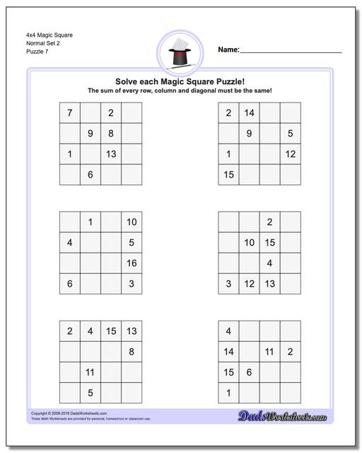 4x4 Magic Square Normal Set 2 Worksheet