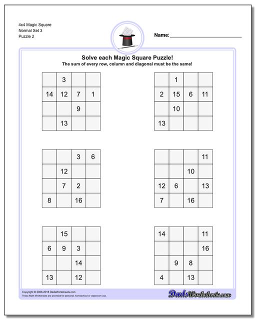 4x4 Magic Square Normal Set 3 www.dadsworksheets.com/puzzles/magic-square.html Worksheet
