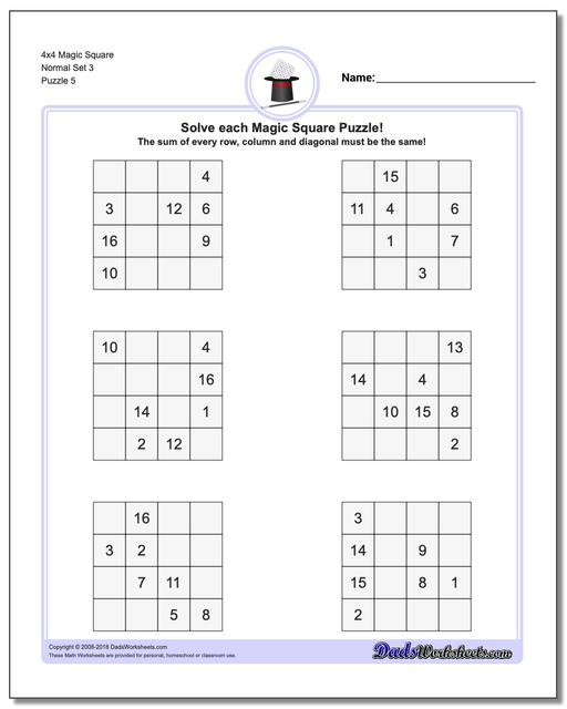 4x4 Magic Square Normal Set 3 Worksheet
