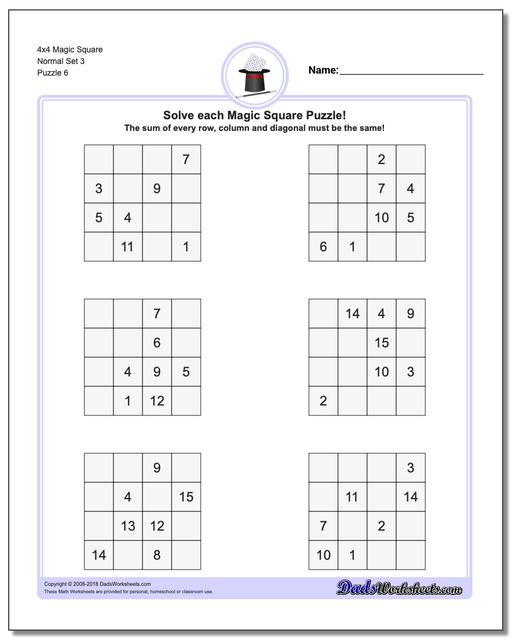 4x4 Magic Square Normal Set 3 Worksheet