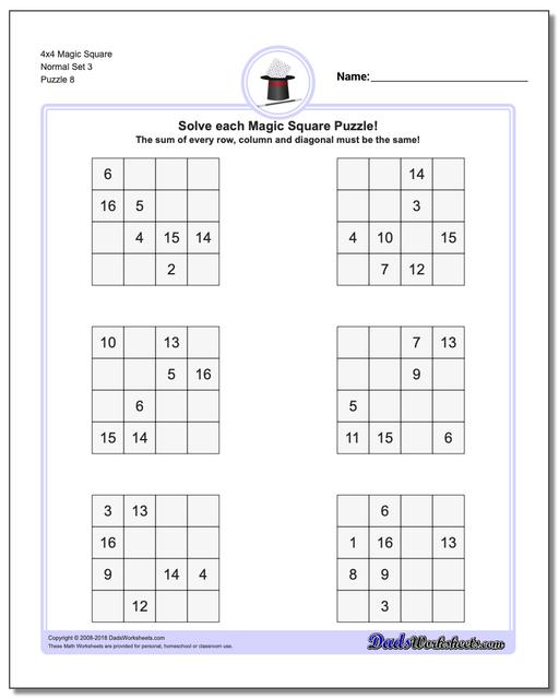 4x4 Magic Square Normal Set 3 Worksheet