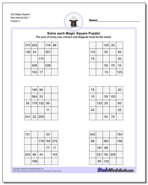 5x5 Magic Square Non-Normal Set 1 www.dadsworksheets.com/puzzles/magic-square.html Worksheet