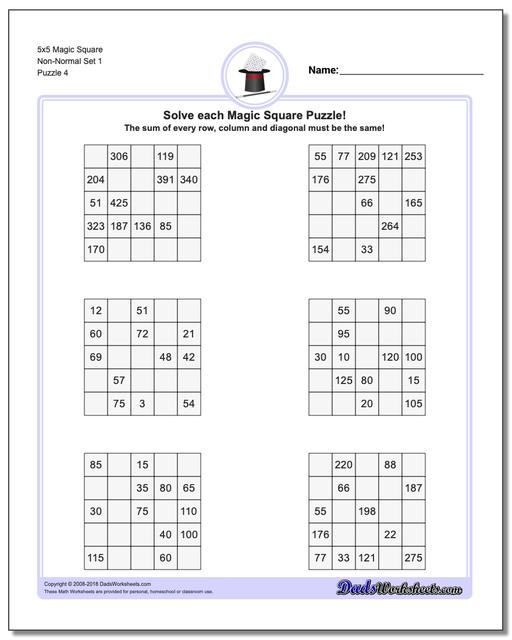 5x5 Magic Square Non-Normal Set 1 Worksheet