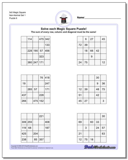 5x5 Magic Square Non-Normal Set 1 Worksheet